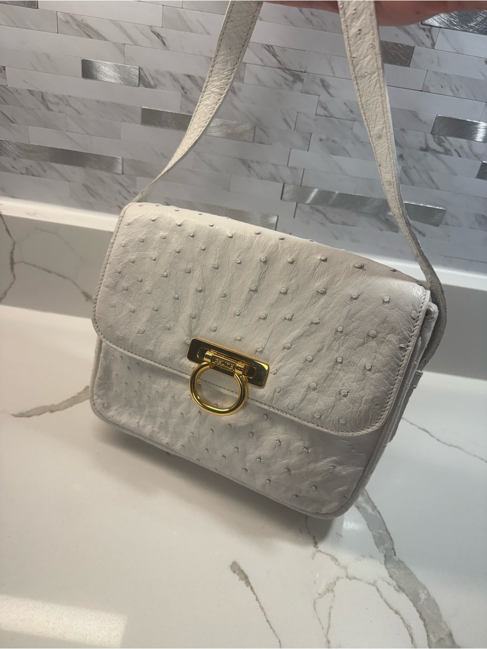 Vintage Celine White Ostrich Leather Crossbody Bag Gold Hardware
